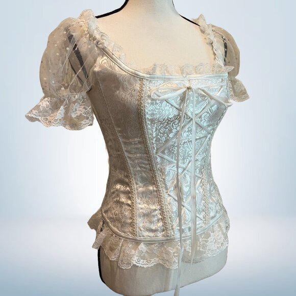 White Brocade Princess Renaissance Fair Corset Top Size M - Picture 1 of 10